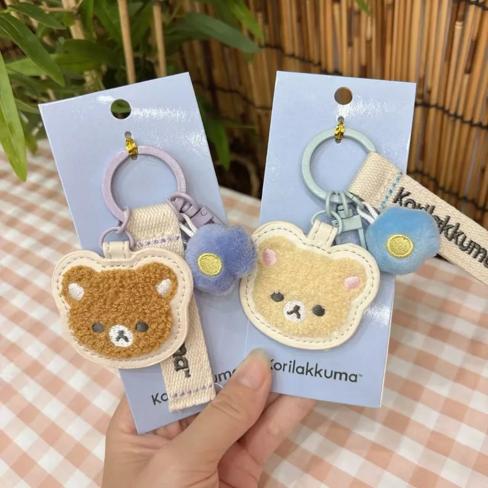 

Cute Cartoon Rilakkuma Keychain Embroidered Flower Key Ring Kawaii Bag Zipper Hanging Ornament Portable Backpack Pendant Decor