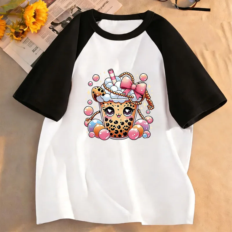 Cartoon Cat Drinking Juice with Rainbow Design T Shirts Kids Children's T-shirt Boys Girls Summer Spring Casual Top Tee