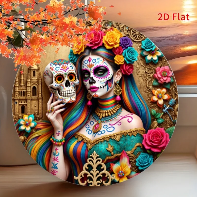 Letrero de bienvenida de madera 2D, con el tema de la gata Renata de Halloween y esqueletos, letrero decorativo de madera para pared