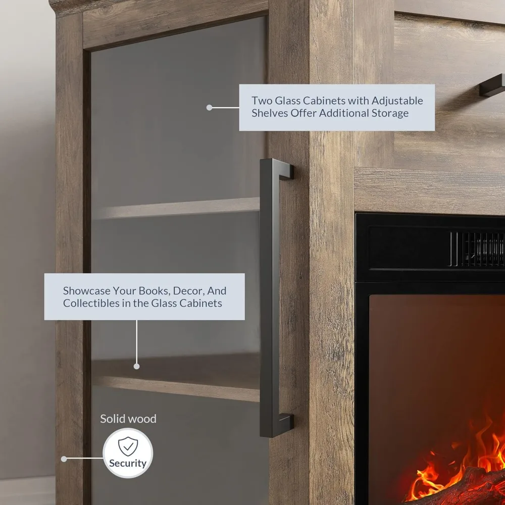 حامل تلفزيون زاوية حديث مع مدفأة كهربائية، سعة 43 بوصة، مركز ترفيه زجاجي وخشبي