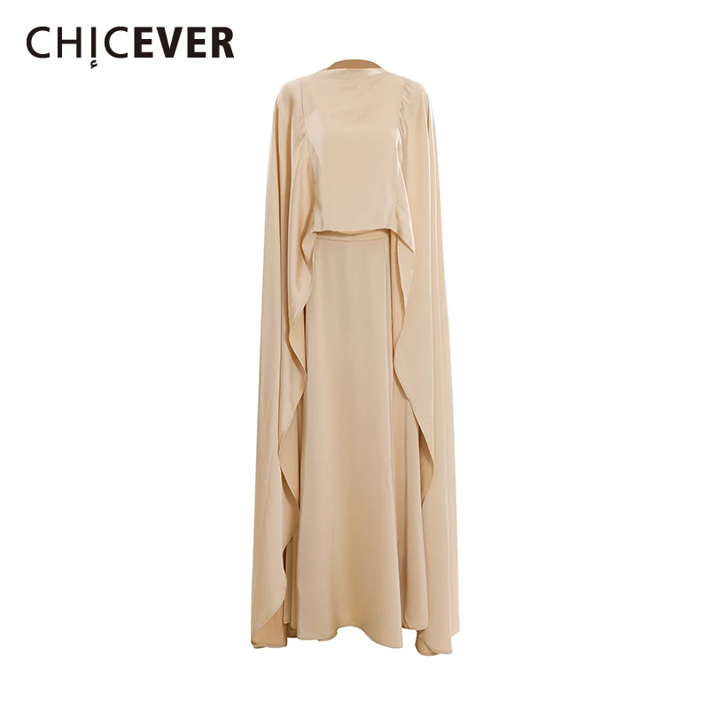 

CHICEVER Solid Elegant Three Piece Sets for Women Round Neck Long Top Aquare Neck Sleeves Vest High Waist Long Skirt Set Female