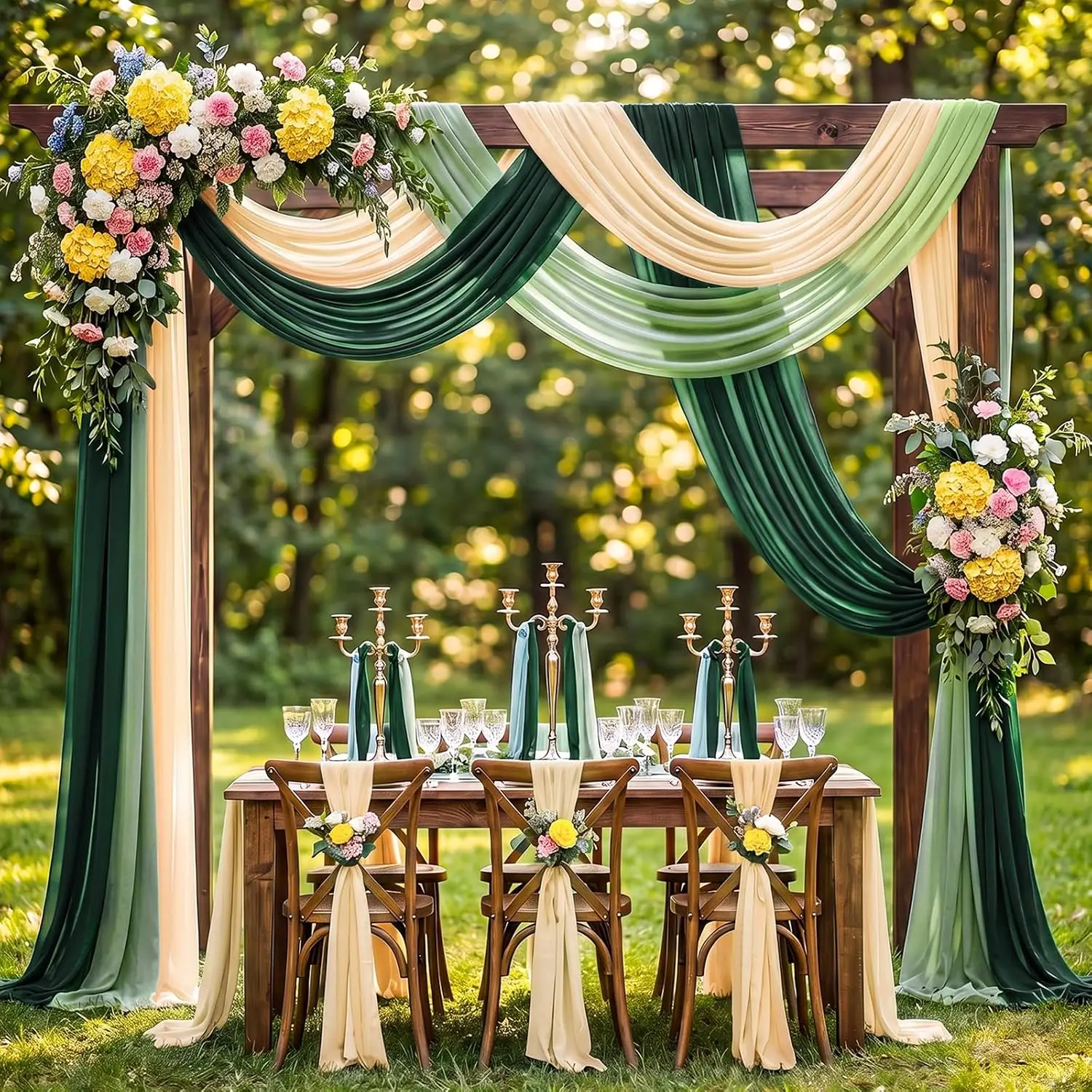 Sheer Chiffon Arch Drape 3PCS Green Beige Wedding Backdrop Table Runner Fall Party Baby Shower Outdoor Curtains Decoration