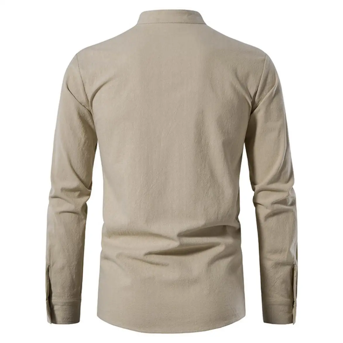 Camisa Masculina Retrô de Linho com Cadarço, Manga Longa, Gola Alta, Blusa Casual de Algodão e Linho, Estilo Medieval, Pirata, Viking, Renascentista, Cor Cáqui