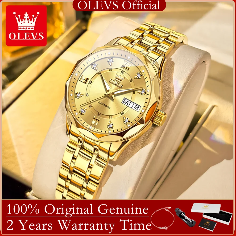 OLEVS Automatic Watch for Women Stainless Steel Waterproof Dual Calendar Classic Luxury Diamond Scale Business Ladies Wristwatch