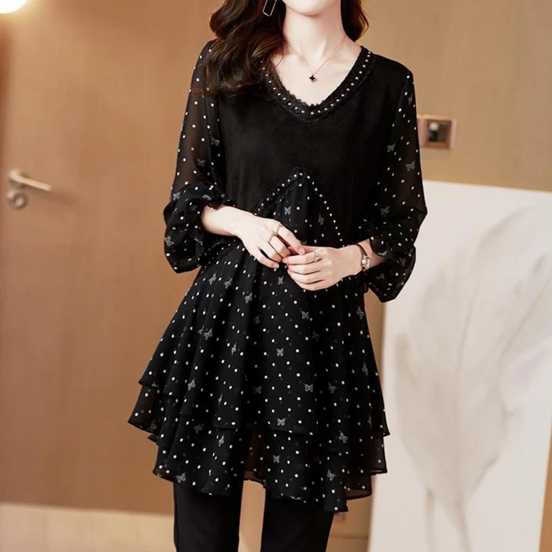 Elegant Fashion Polka Dot Lace Chiffon Shirt Summer Autumn 2023 New V-Neck Long Princess Sleeve Loose Long Blouse Women Clothing