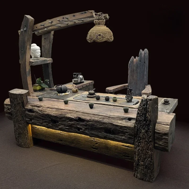 Wabi Sabi Wind Coffee Old Boat Wood Tea and Chair Combination Outdoor Solid Wood Tea Homestay Tea Art Weathered Wood Dry Brewing