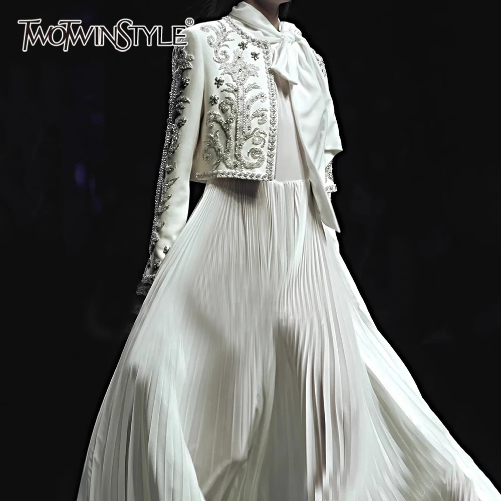 

TWOTWINSTYLE Solid Temperament Two Piece Set for Women Round Neck Spliced Diamonds Coat Tunic Elegant Dress Sets Female Clothes