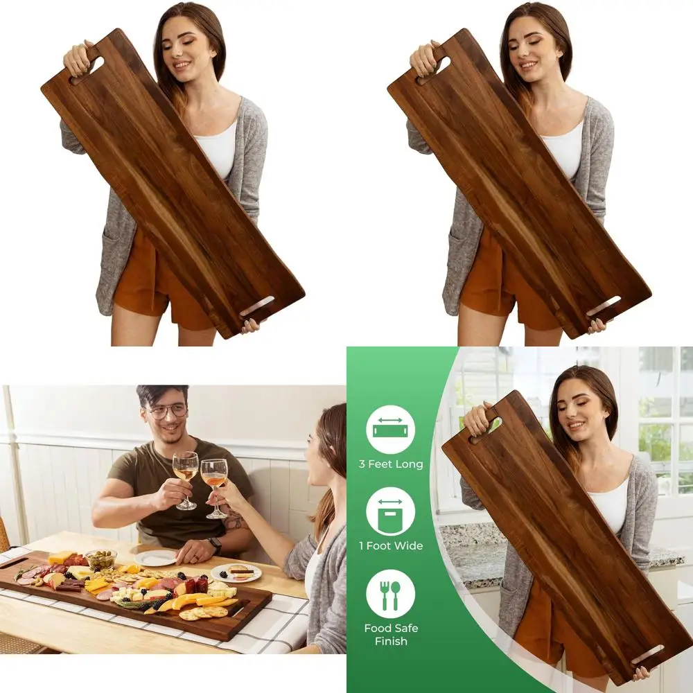 

36 x 12 Rectangular Acacia Wood Charcuterie Board with Handles, Serving Platter for Meat and Cheese, Ideal for Parties, 3ft Long