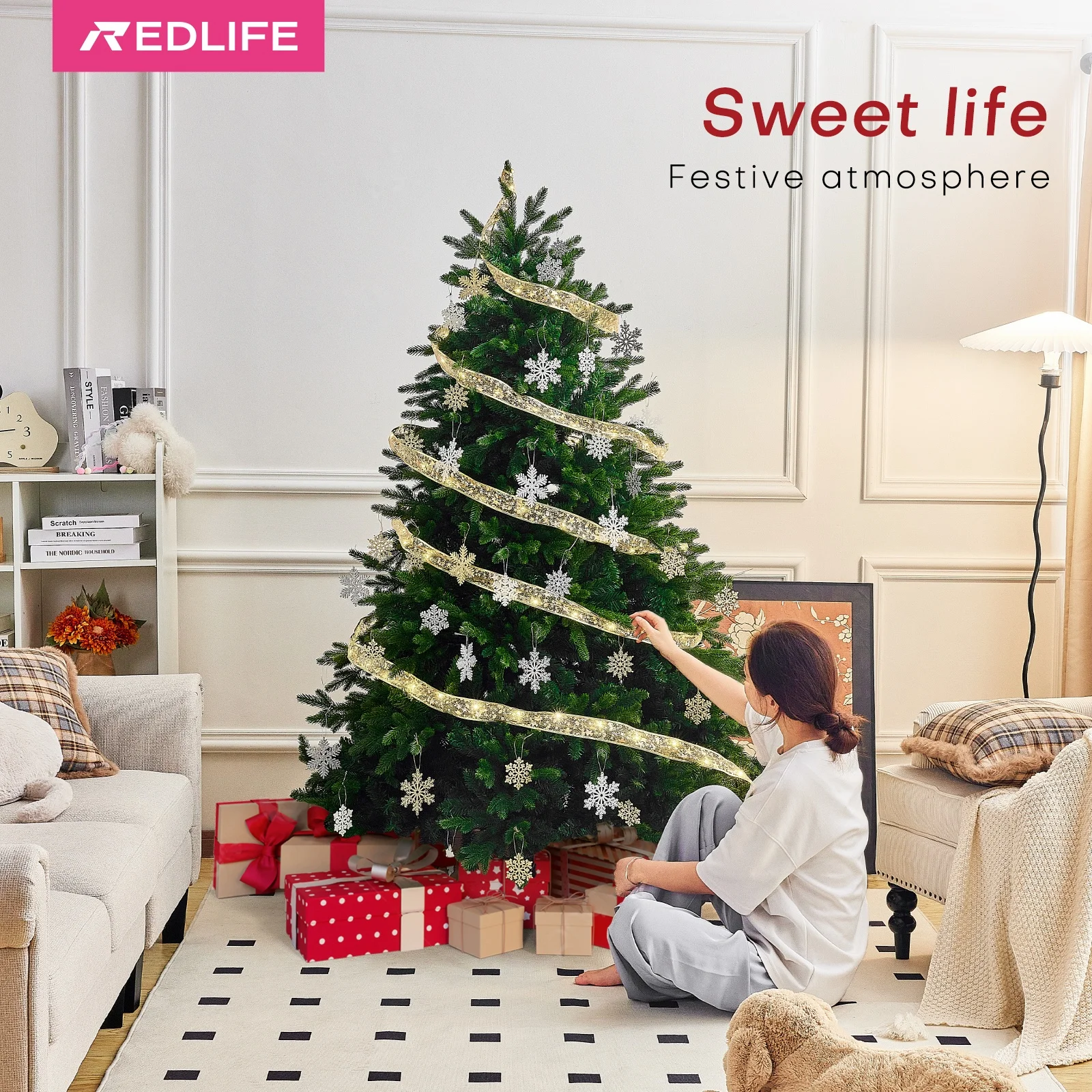 

Redlife 6 ft Artificial Christmas Tree Fireproof Eco-friendly PVC PE Easy Assembly w/ Double Cross Metal Stand & 1,471 branches