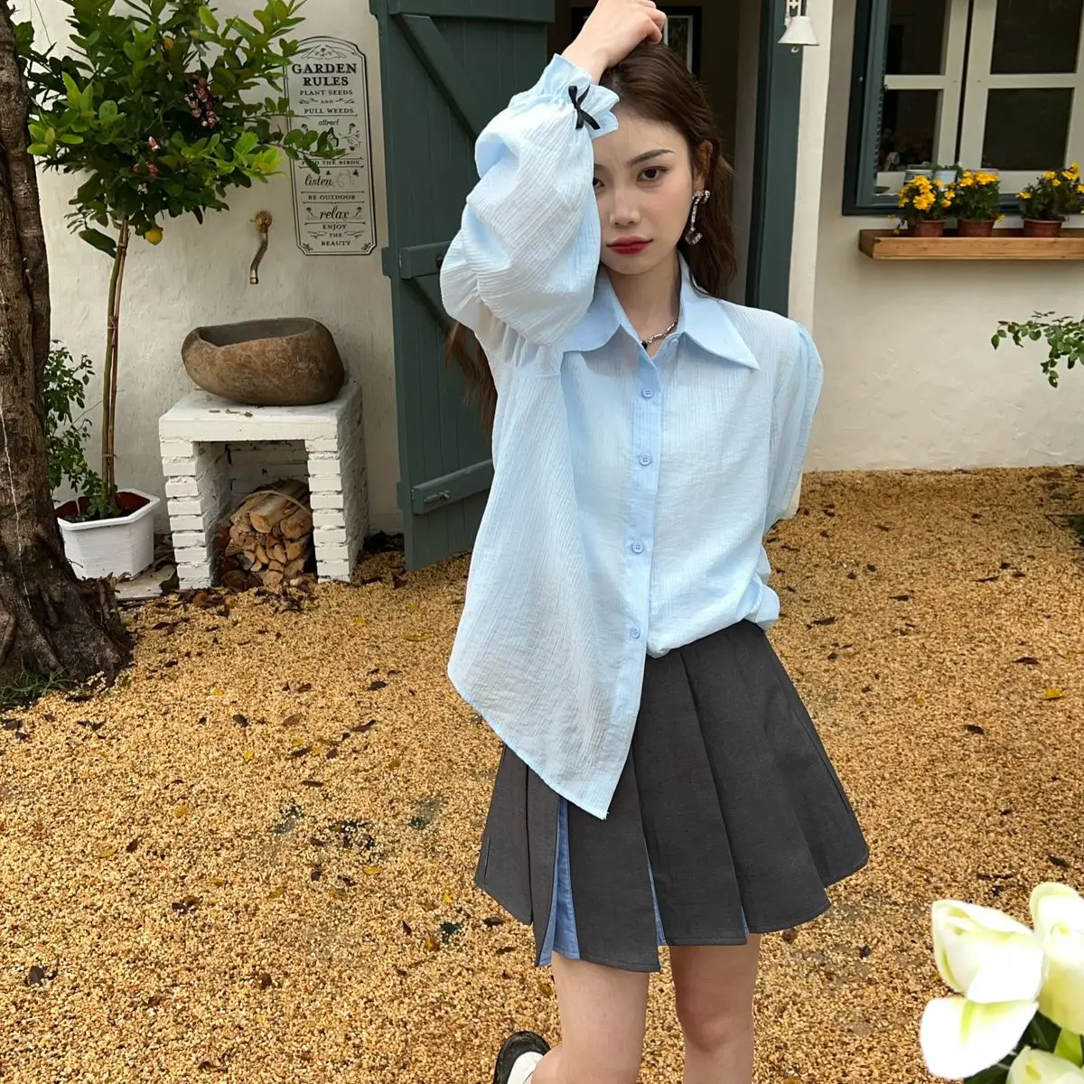 Temperamento doce doce cor puff manga camisa para primavera feminina novo design francês solto topo fino