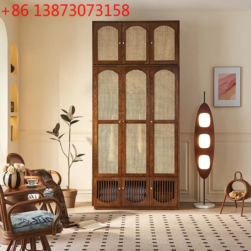 

Mid-style rattan weaving solid wood wardrobe combination large capacity multi-specification wardrobe multi-functional partition