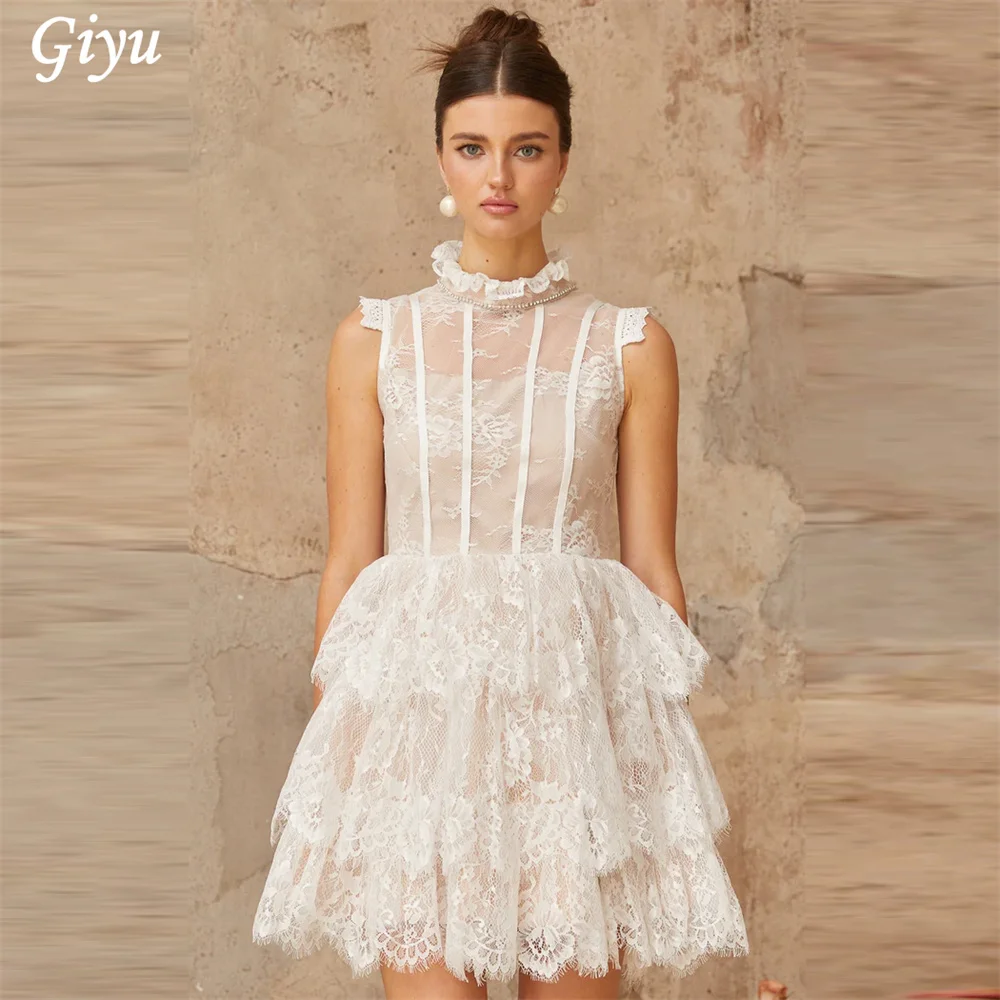 Giyu Sweet High Neck Lace Wedding Dress Photo Shoot Sexy A Line Mini-Length Tiered Sleeveless Bridal Gown For Women Customized