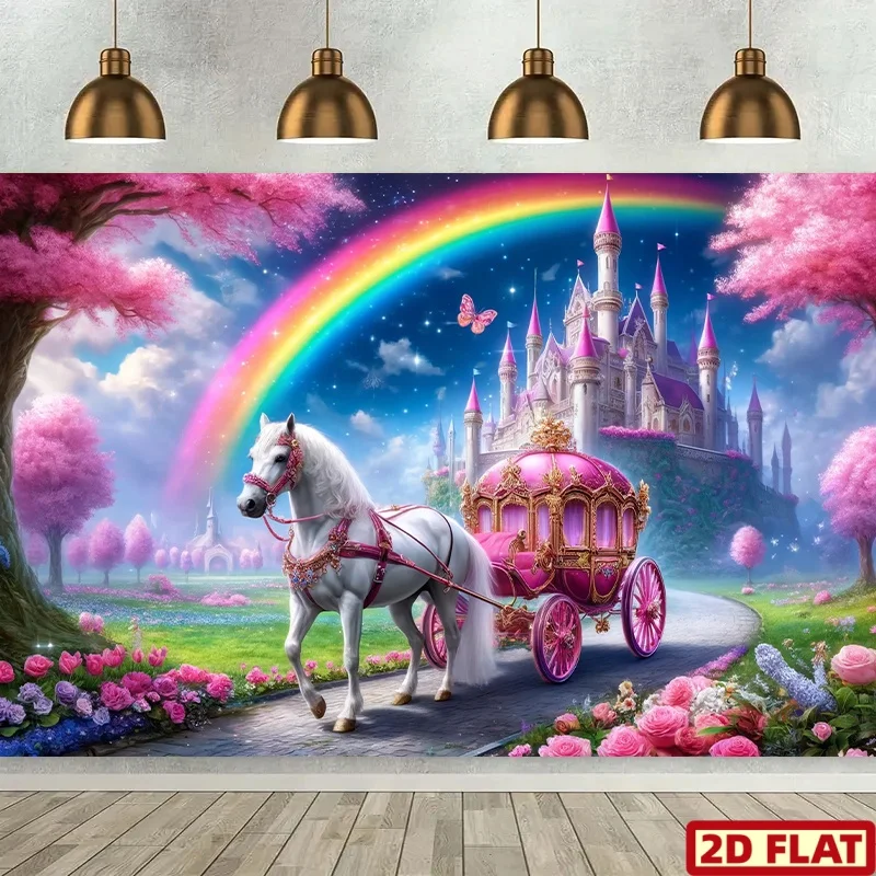 2D Flat - 1pc Fairy Tale Castle Backdrop Banner | Vibrant Rainbow Pink Castle Design with White Horse Carriage, Butterflies,