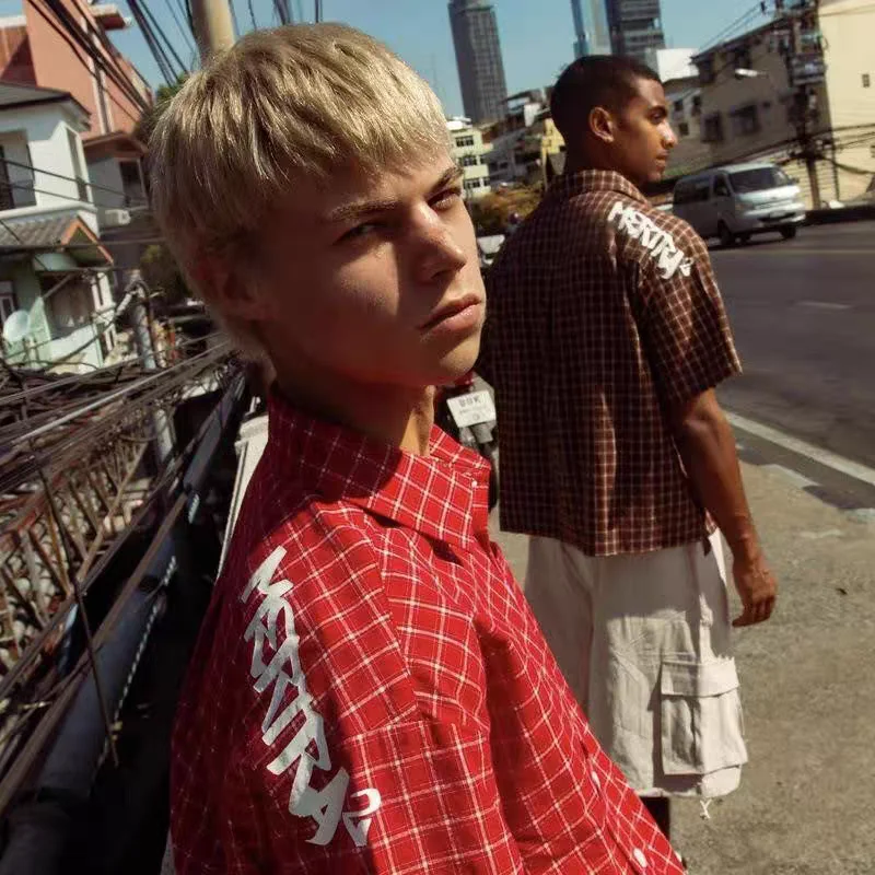 

Передняя рубашка с логотипом и вышивкой сзади Mertra с принтом Mertra, рубашки с короткими рукавами для мужчин и женщин, пара, клетчатая рубашка, футболка