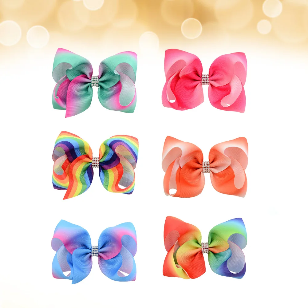 

6pcs 5.5-Inch Rainbow Bowknot Hairpins Gradient Color Crystal Rhinestone Hair Clips For Kids Durable Lightweight Ribbon Bowknot
