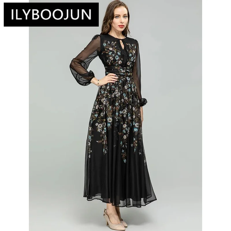 

ILYBOOJUN Fashion Designer dress Summer Women Dress Party Black Elegant Net Yarn Lantern Sleeve Floral Print High Waist Dresses