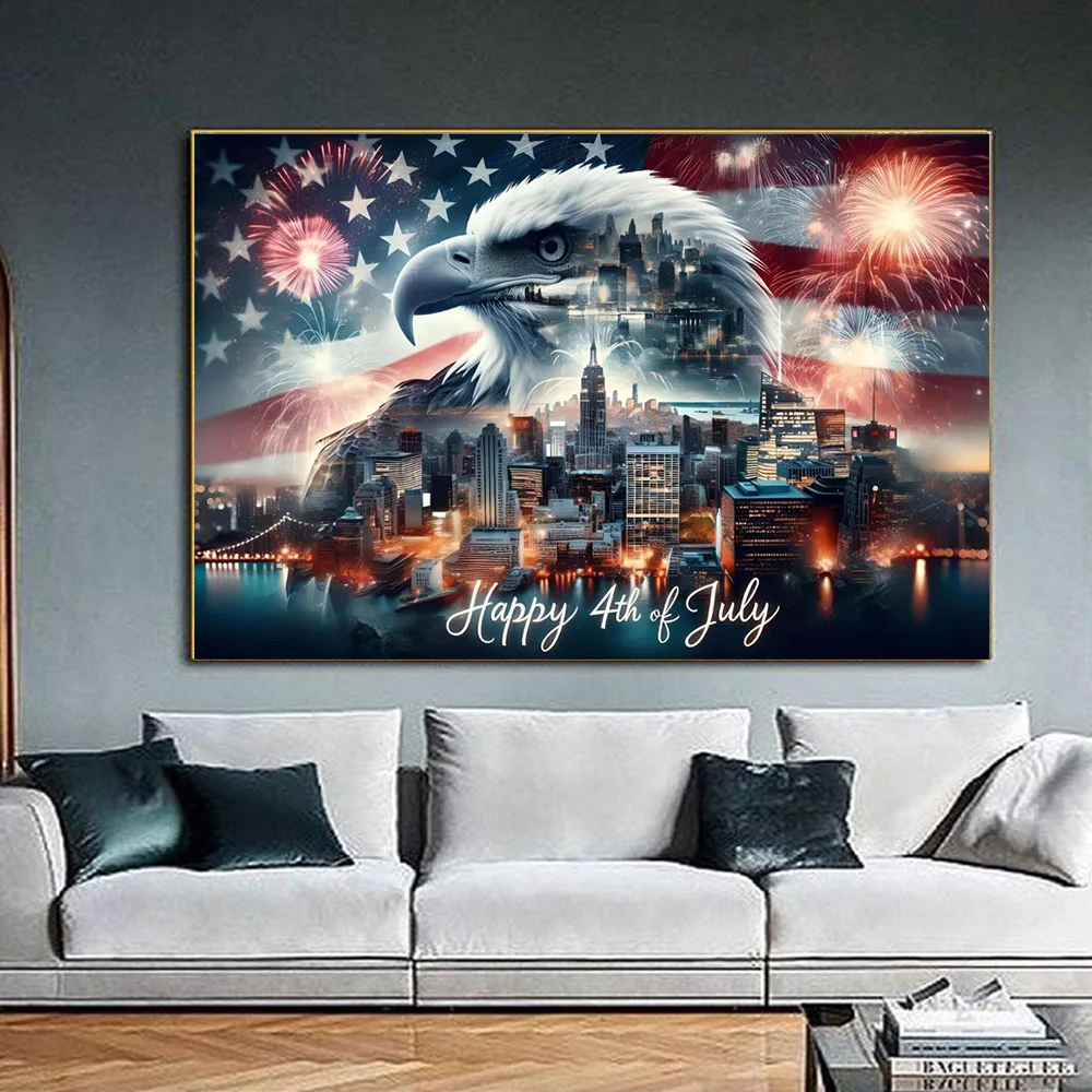 America Bald Eagle Happy 4th of July City Firework Canvas Painting Poster Print Living Room Wall Picture Modern Home Decor Gifts