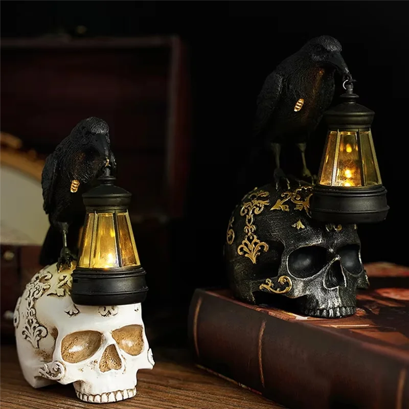 Mophe-para decorações de halloween resina corvos crânio lâmpada escultura luz noturna design gótico escuridão