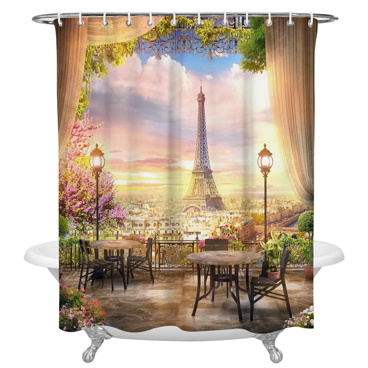 Paris Tower Scenic Street Flower Building Balcony Waterproof Shower Curtain With Hook Bathroom Decoration Accessories Curtains