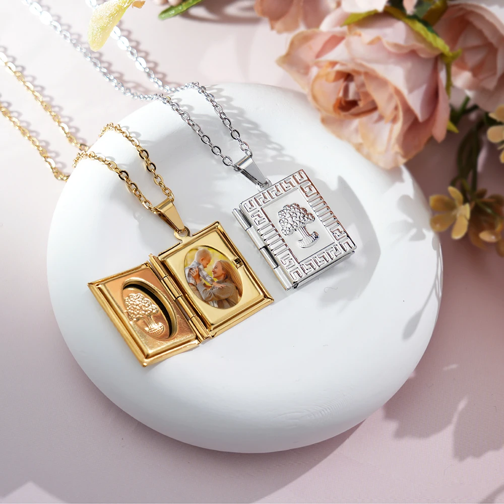 Custom Locket Heart Necklace Photo Box Retro Locket Pendant Book Oval Round Photo Frame Keychain Lovers Anniversary Jewelry Gift
