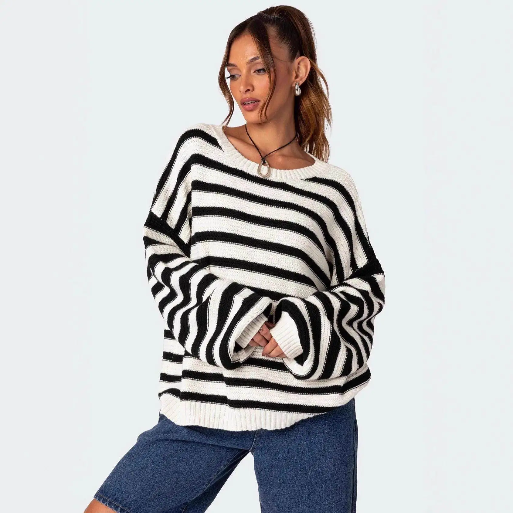 

Уличный свободный трикотаж, круглый пуловер JP968, женская верхняя одежда Lazy Faion с узором, зимний свитер средней веса