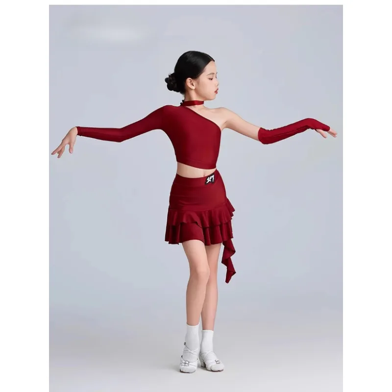 Girls Latin Dance Clothes Red Brown Suit Cha Cha Rumba Samba Training Tops Skirt Practice Clothing Kids Dance Dress