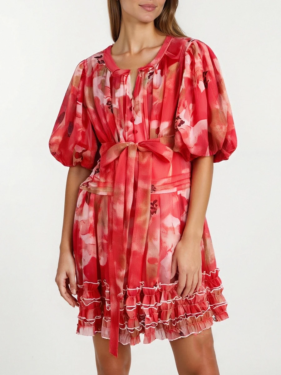 VGH Colorblock Printing Spliced Funguns Dresses for Women O Neck Half Sleeve High Waist Patchwork Lace Up Short Dress Female New