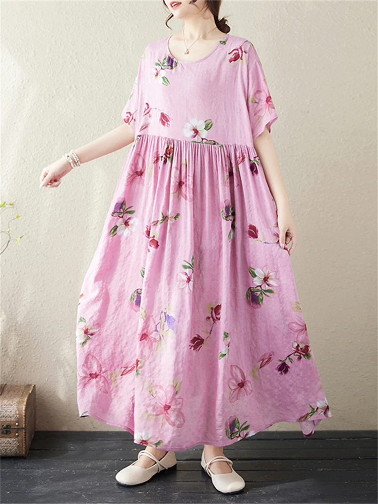 2024 New Summer Cotton Vintage Short Sleeve Print Dresses For Women Casual Loose Long Dress Femme Robe Vestidos Fashion Clothing