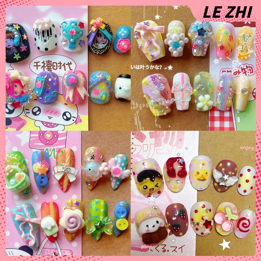 Y2K Dopamin-Stil Perlen-Schleife Handgemachte Nagelkunst Diamant-Glitzer Sterne 3D-Blumen Polka Dots Flügel Künstliche Nägel Handaccessoires