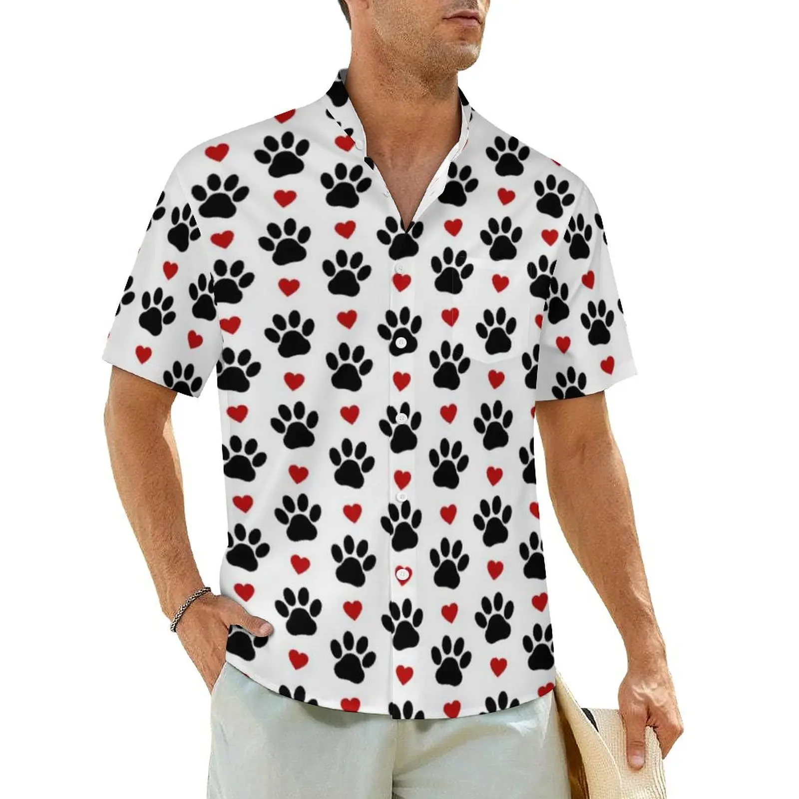 Cute Red Heart Beach Shirt Black Paws Print Hawaiian Casual Shirts Man Elegant Blouses Short Sleeve Streetwear Pattern Clothes