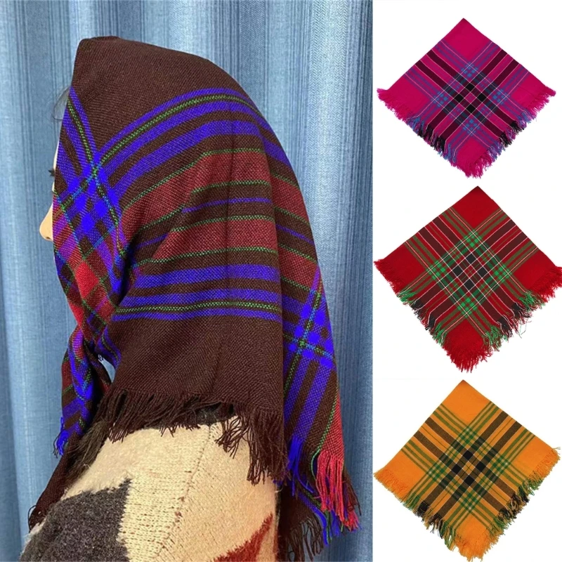 Multiuse Plaids Yarn Head Scarf Vintage Rural Styles Bandana Shawl Scarf for Daily Wear Formal Event for Senior Women M6CD