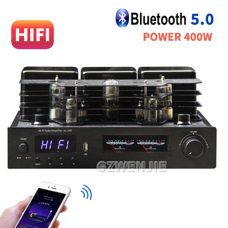 AL260 200wX2 Vacuum Tube Amplifier High Power Bluetooth 5.0  8-10M Support Fiber Coaxial Input HIFI Audio Amp USB Remote Phono