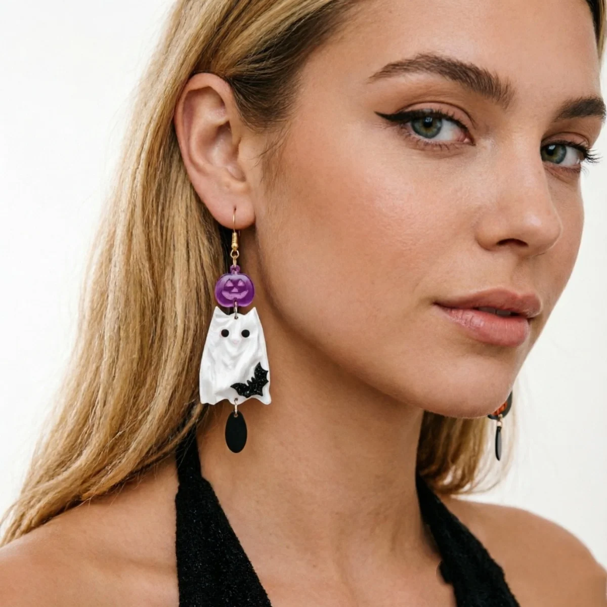 Asymmetrische Ohrringe aus Acryl mit schwarzer und weißer Katze, Kürbis, Fledermaus, Hexenhut für Frauen, Gothic-Blumen-Geister-Tropfenohrringe, Halloween-Schmuck – Detail 14