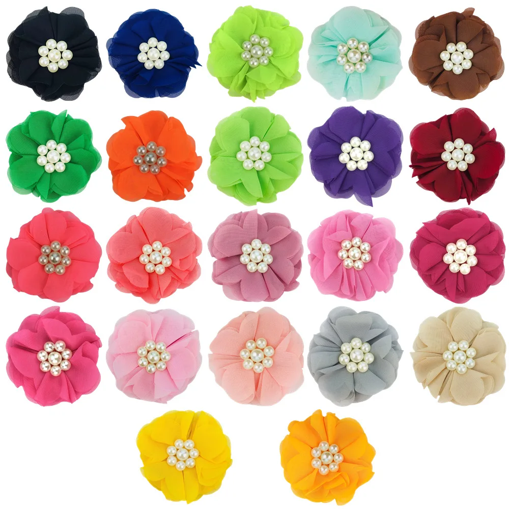

250pcs New Hand Sew Pearl Chiffon Flower 7cm Kids Head Flower Accessories Pet Ornament 30 Colors In Stock Wholesale