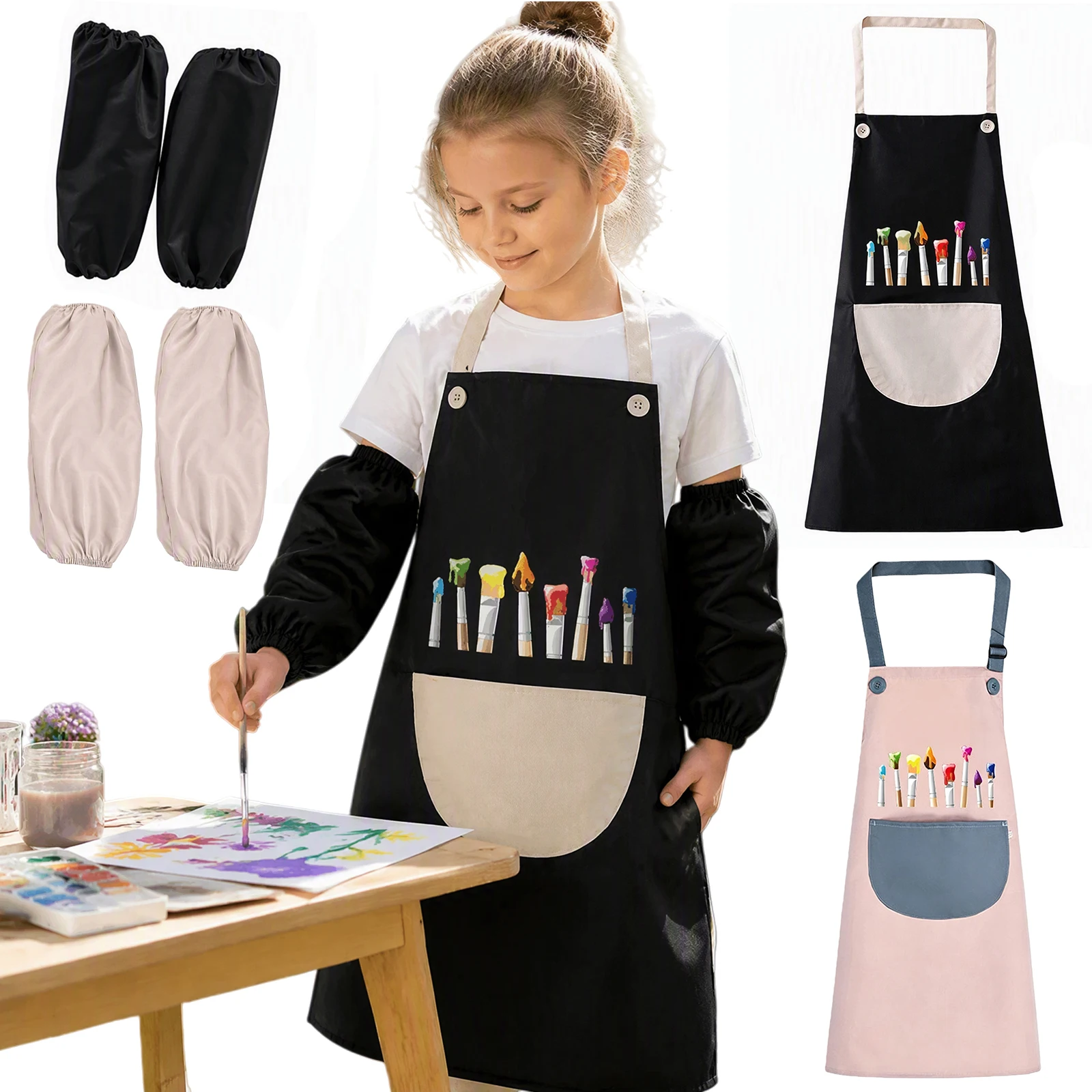 Waterproof Breathable Painting Smock for Boys Girls with Sleeve Covers Adjustable Neck Strap Front Pocket