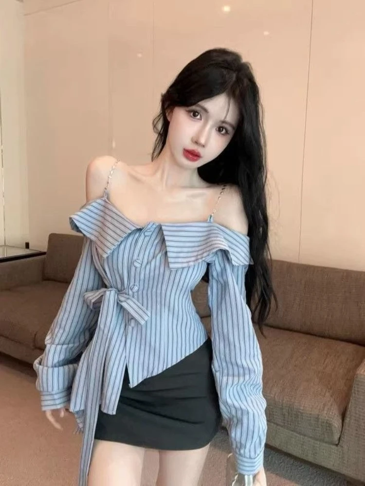 

Striped Off Shoulder Top for Women Slim Fit with Blue Chain Elegant Spring Autumn Trendy Long Sleeve Blouse
