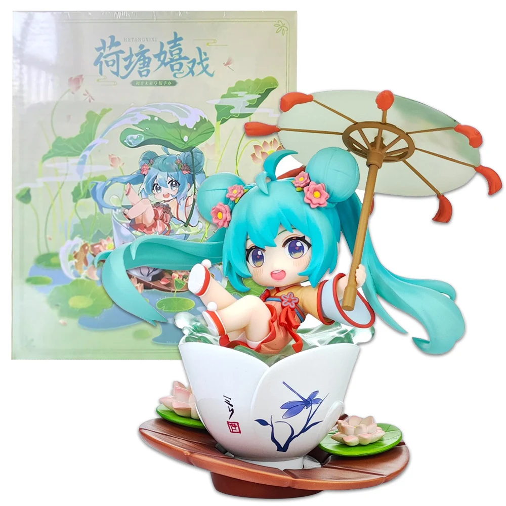 12CM Anime Hatsune Miku  Playing in Lotus Pond Q Version Cute Model Tea Cup Dressing Model Toy Gift Collection Action Figure