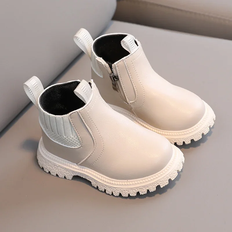 Fashion Boy Girl Short Boots Non-Slip British Style Boots Children\'s Side Zipper Design Single Boots Leather Boots Anti-skid