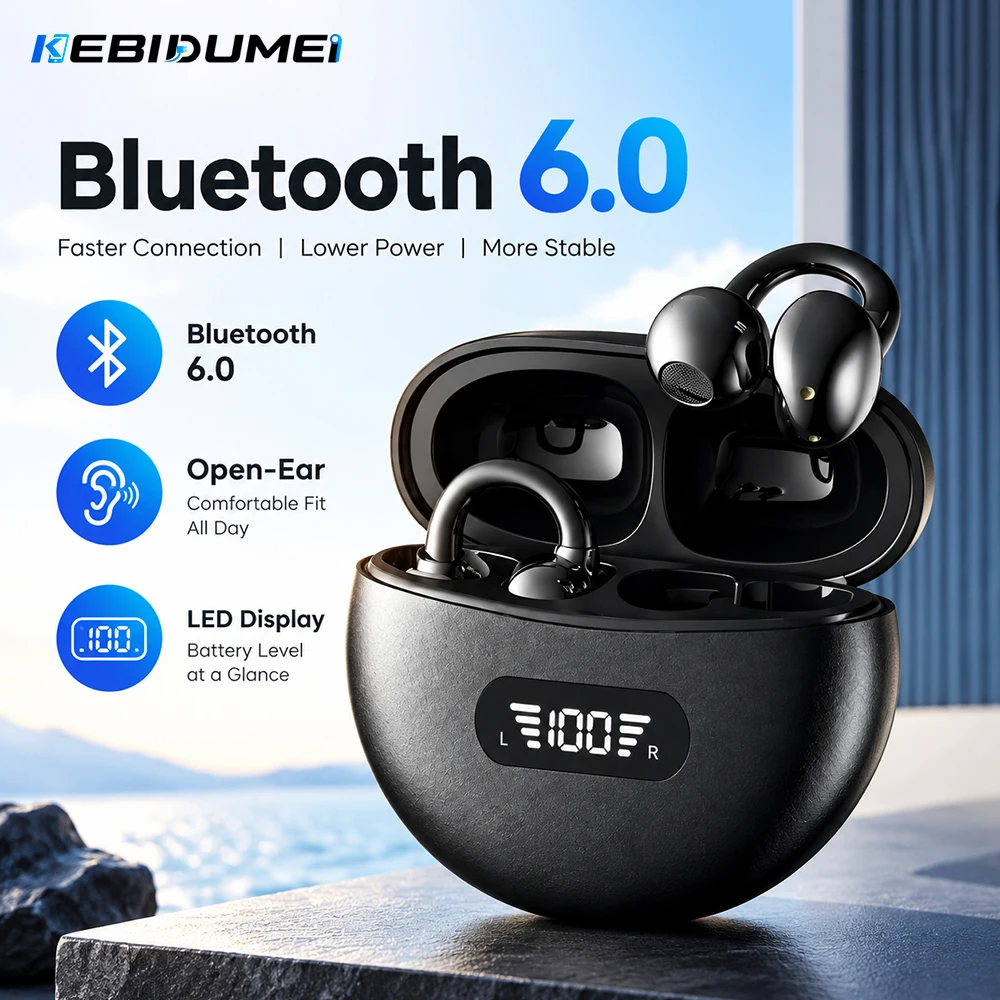 KEBIDUMEI Open Ear Bluetooth 6.0 Earphones Ear-Clip Wireless Headphones LED Digital Display HiFi Stereo Noise Cancelling Earbuds