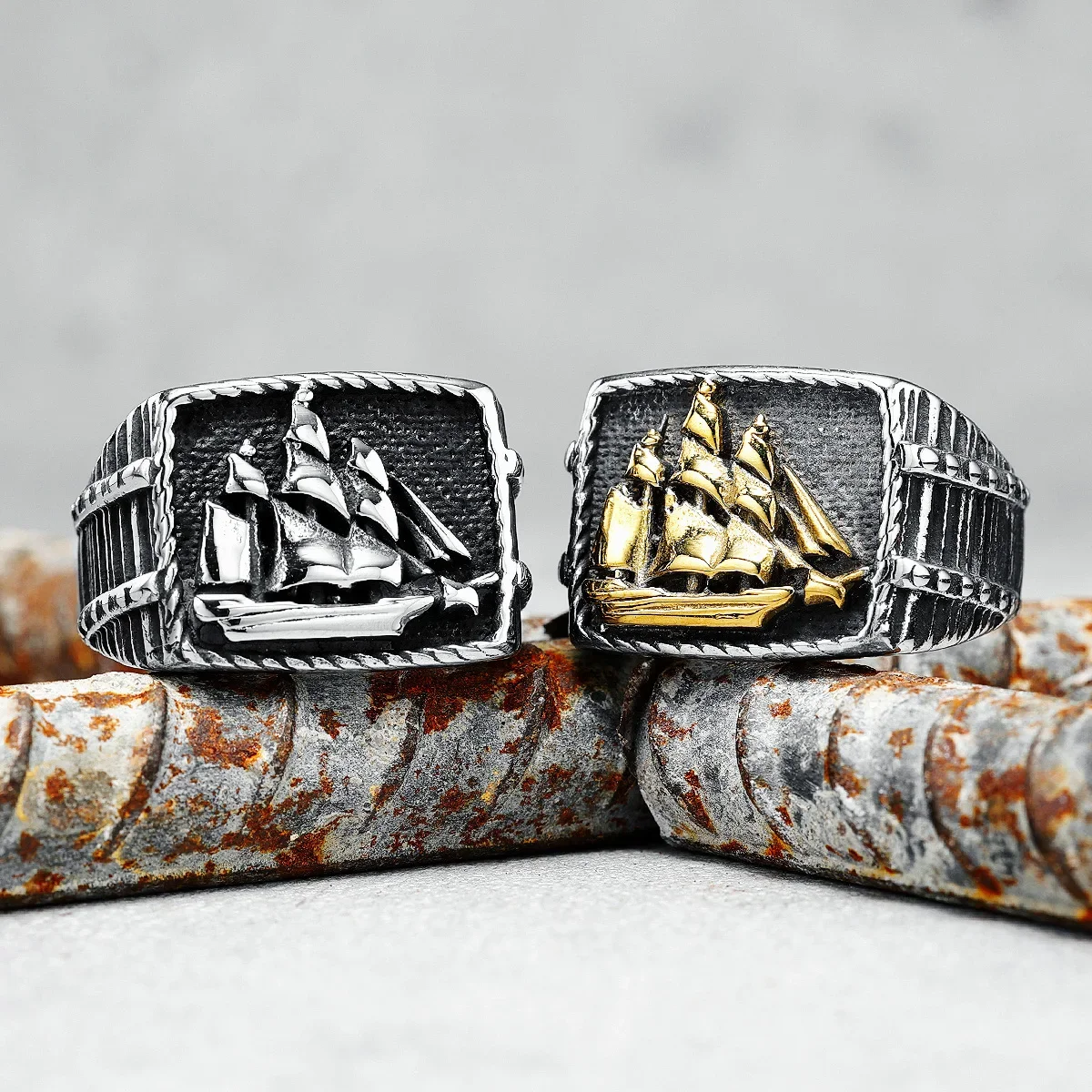 Sailboat Ring 316L Stainless Steel Men Rings Ocean Sailor Sailing Lucky Rock Rap for Rider Male Boyfriend Jewelry Male Gift