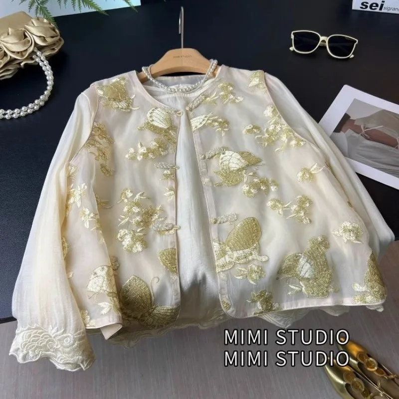 Organza Gold Butterfly Vest for Women 2025 Autumn Butterfly Embroidery Chinese Style National Lace Shirt Vest Top