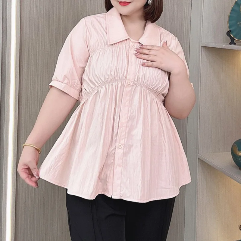 Plus Size Women's Shirt Summer Temperament Ruffled Loose Waist Short Sleeve Blouses