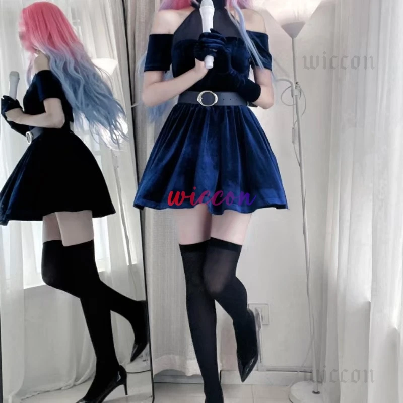 أنيمي الغريبة المرحلة تأثيري ميزي تأثيري حلي شعر مستعار هالوين أنيمي الملابس لعبة وتتسابق المرحلة فستان أسود رائع النساء