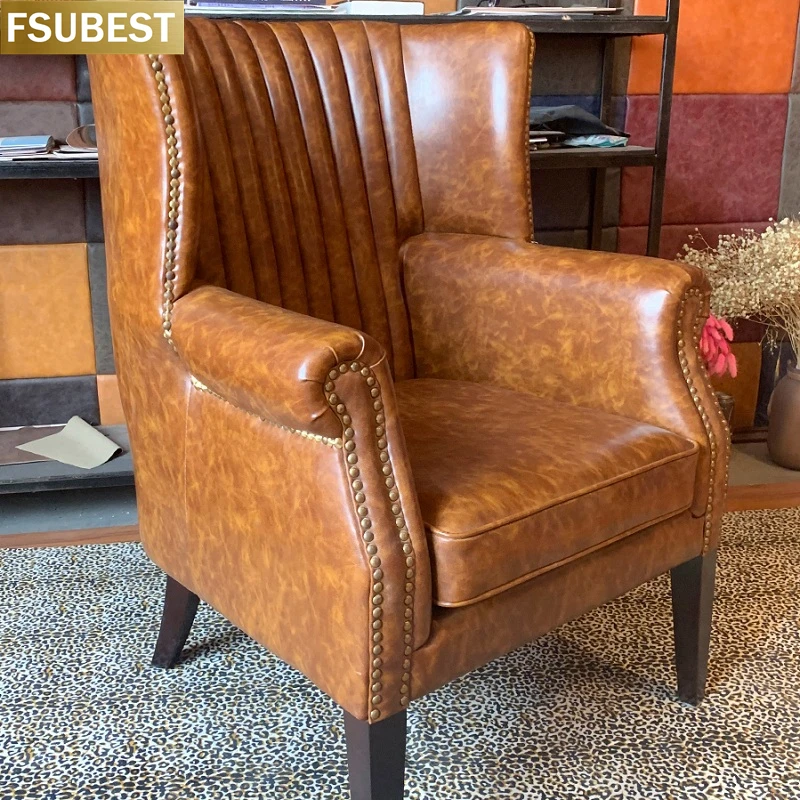 FSUBEST Leather Chesterfield High Wing Back Statement Chair Antique Vintage Leather Button Tufted Sofa Arm Chair