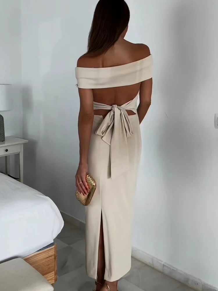 TRAF Elegant Women Off Shoulder Midi Dress 2024 Summer Backless Sexy Tie Bow Party Dress Fashion Female Slash Neck Long Dresses