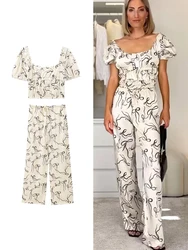 TRAF 2024 Summer Women Print Ruffles Top Pant Set Ladies Causal Beach Style Square Collar T-shirt Drawstring Long Pant Outfits