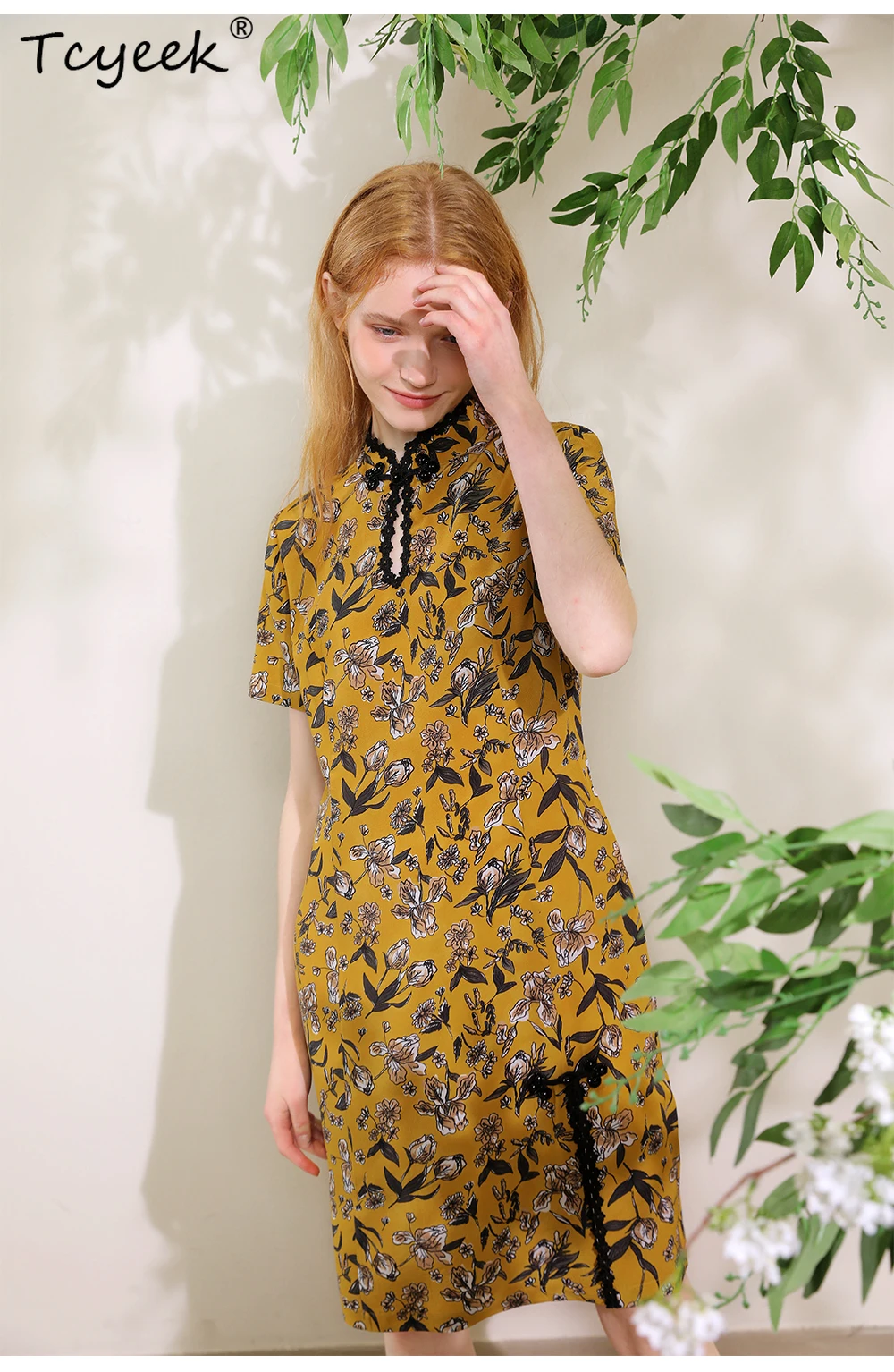 Tcyeek,100% ผ้าไหมแท้,ผู้หญิงแขนสั้นตัดเฉียง,จีนVINTAGE Cheongsam,2024 ฤดูร้อนฤดูใบไม้ร่วงใหม่D47143QM