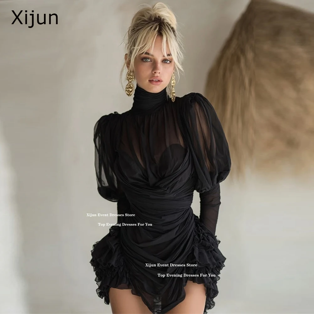 

Xijun Bohemian Black Short Evening Dresses Full Sleeves High Collar Mini Cocktail Dresses Pleated Birthday Party Gowns Customize