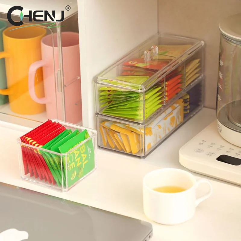 Tea Bag Storage Box Drawer Type Coffee Capsule Sorting Box Acrylic Sealed Storage Jar with Lid Tea Coffee Sugar Container