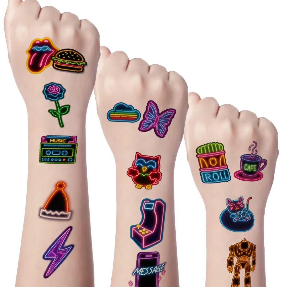 

54pcs Temporary Tattoo Decorative Stickers Neon Light Dinosaur Stickers Waterproof Long-lasting Body Stickers For Boys Arms